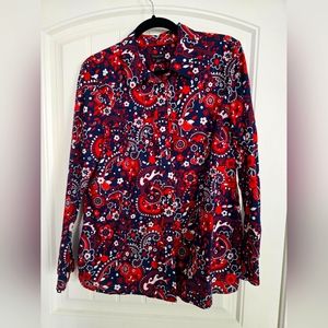 Talbots CLASSIC COTTON Button Down SHIRT PICNIC PAISLEY size L Petite Red White